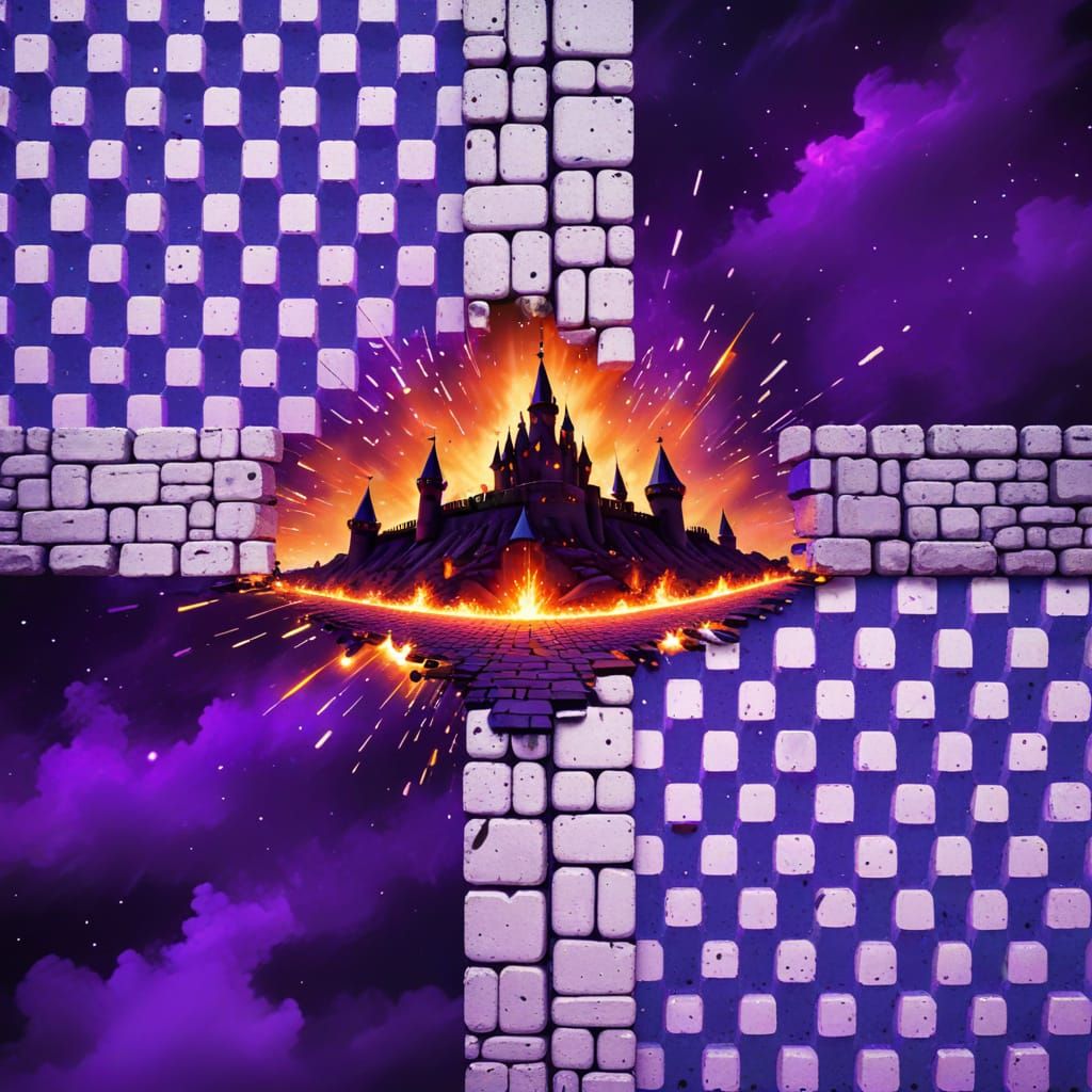 Cosmic Purple Castle with Glitch Art and Flames