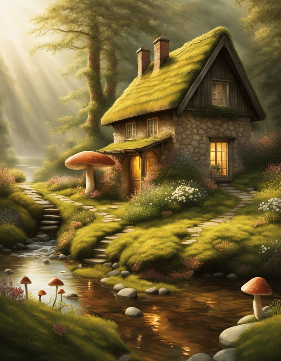 Elderly Couple's Cottage in Misty Rainforest: Digital Art