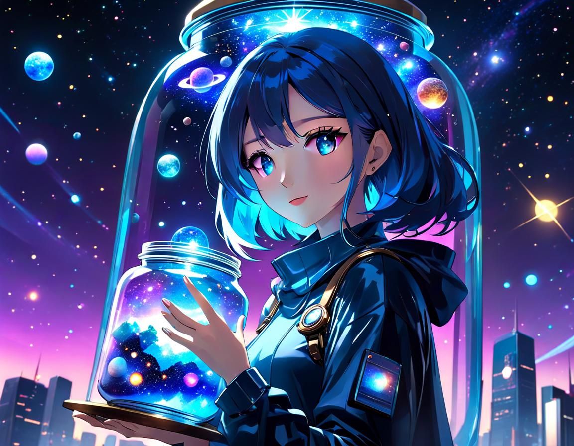 Girl Holds Universe in Jar: 3D Anime Art