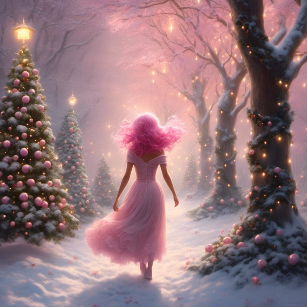 Pink-Haired Woman in Christmas Tree Forest