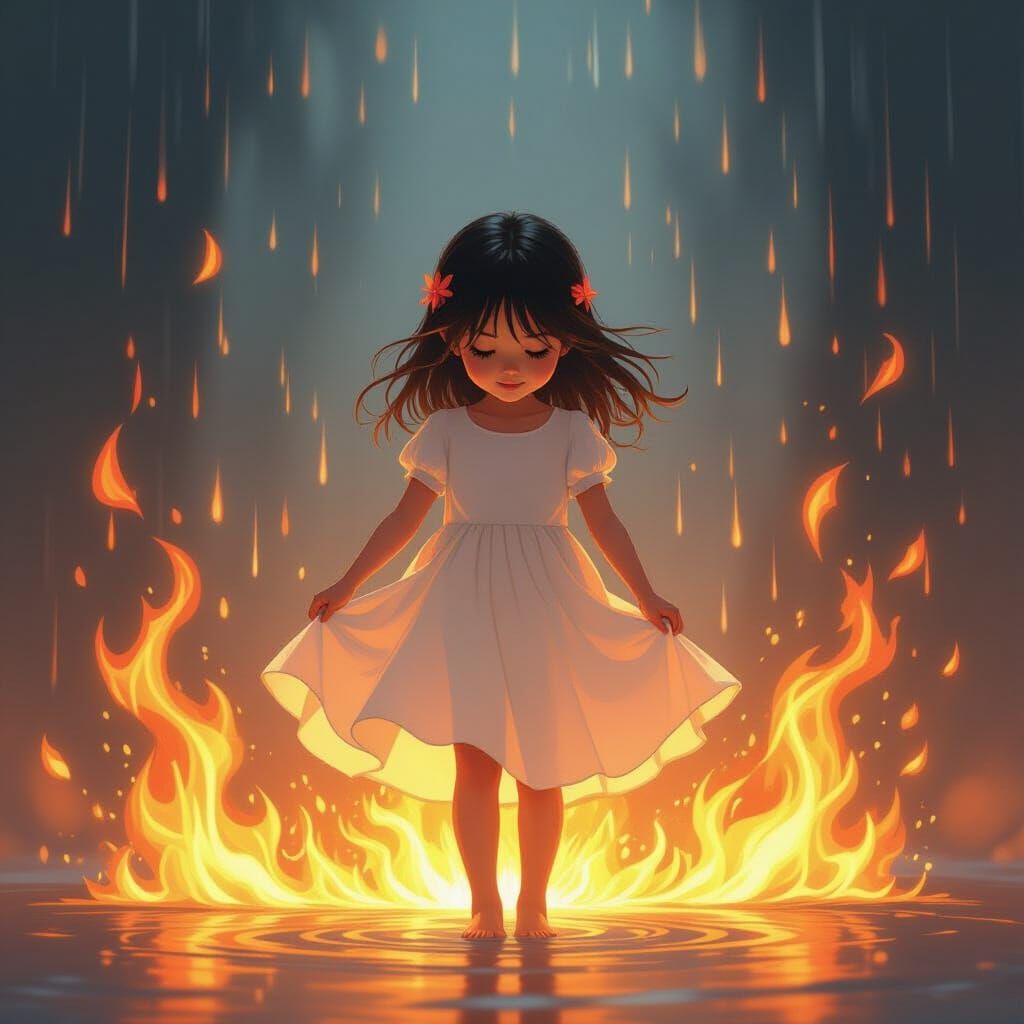 Girl Surrounded by Magic Fire Flames
