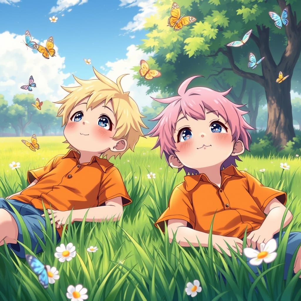 Two Boys Lying on the Grass in a Vibrant Anime Style