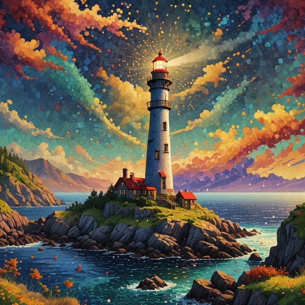 Colorful Pointillism Lighthouse in Pixel Art Style