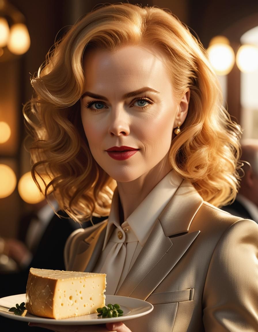 Photorealistic Portrait of Nicole Kidman Holding Cheese