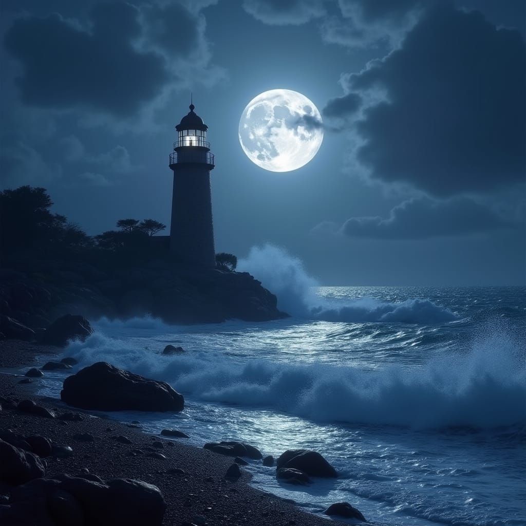 Surreal Lighthouse Illuminated by a Full Moon under a Starry...