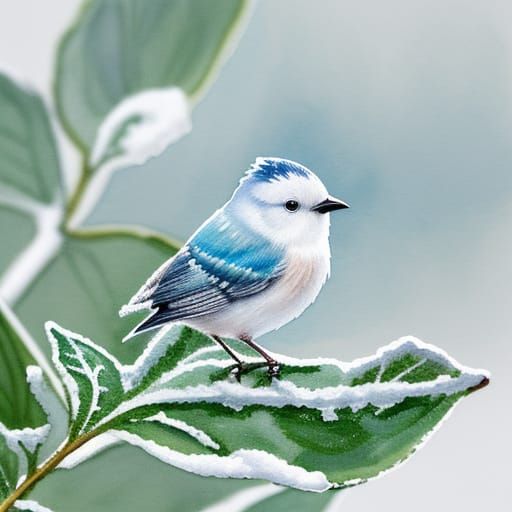Bird Sheltering Under Leaf in Snow: Watercolor Illustration