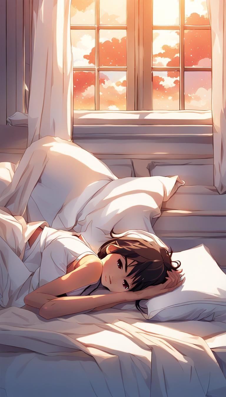 Serene Anime Woman in Bed, Manga Scan Style