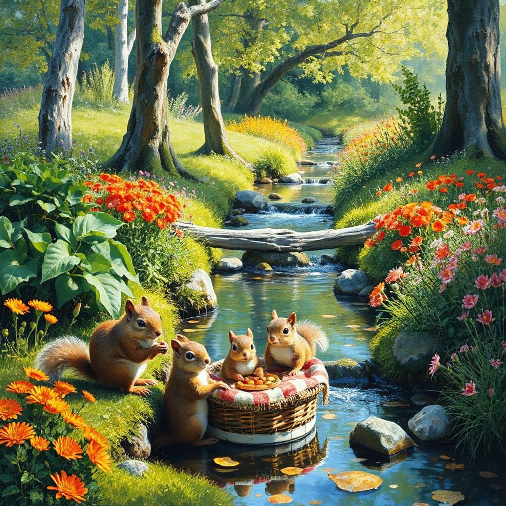 Squirrel Family Picnic by Creek in Neo-Impressionist Style