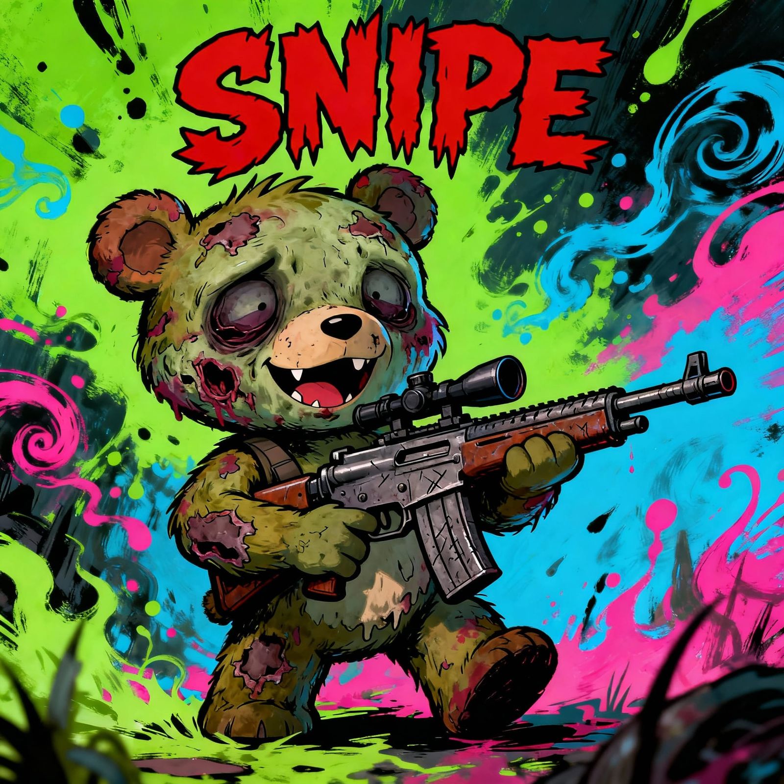 Cute Zombie Bear with Sniper Rifle in Dynamic Style