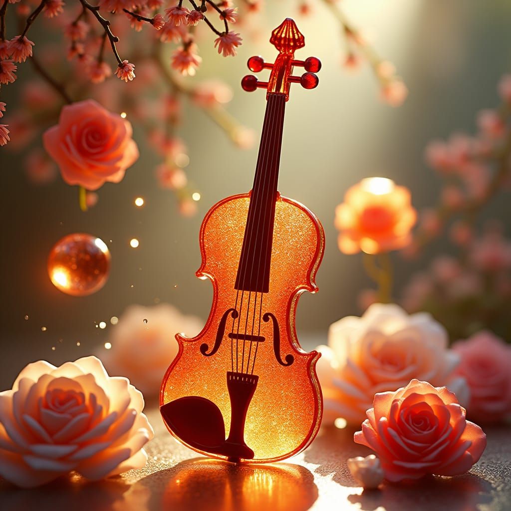 Ethereal Glass Violin with Roses and Marbles
