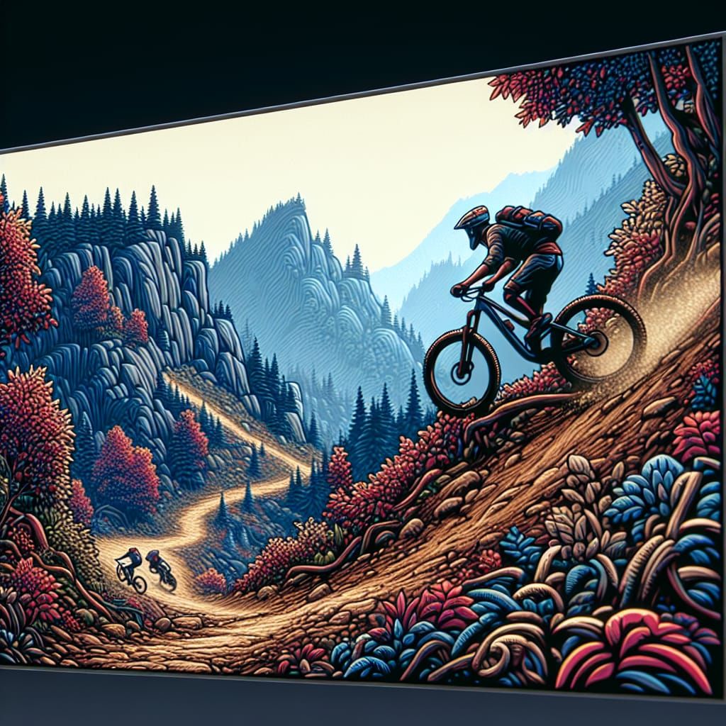 Stunning 3D Cartoon of a Mountain Biker Climbing a Fantasy T...