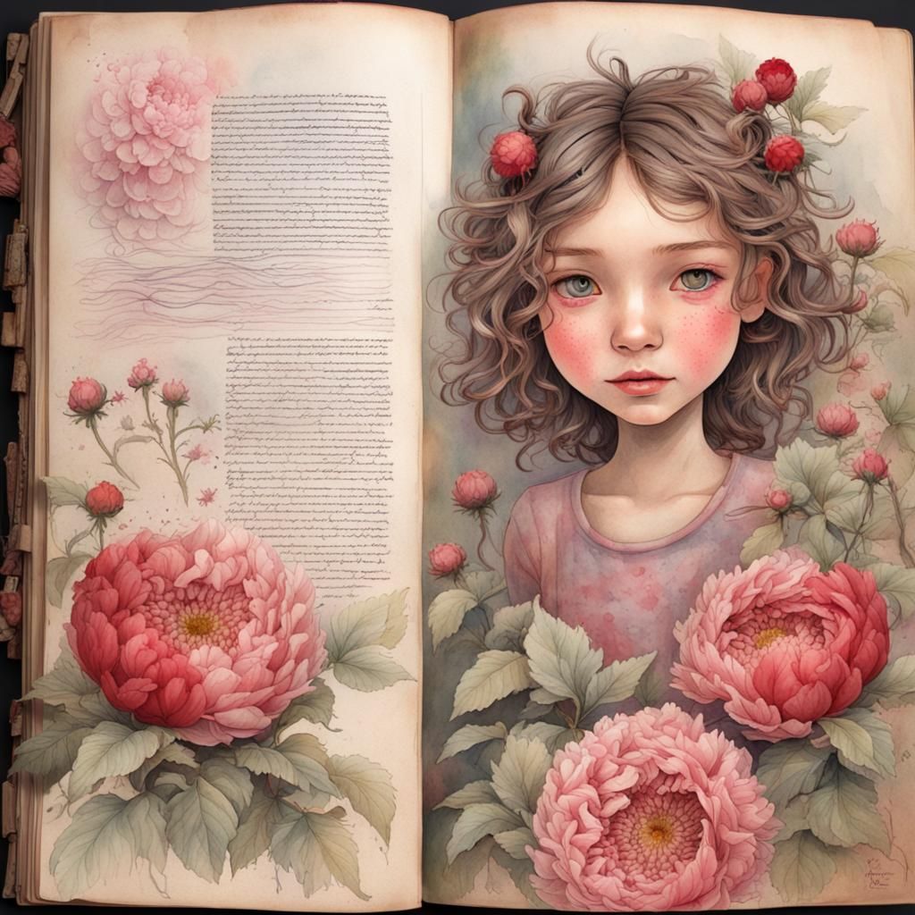 Watercolor Portrait of Smiling Girl with Peonies