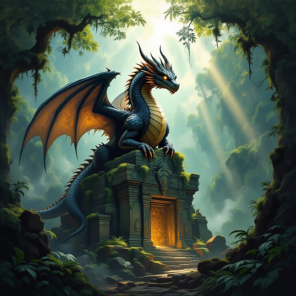 Ancient Obsidian Dragon on Jungle Temple Ruins