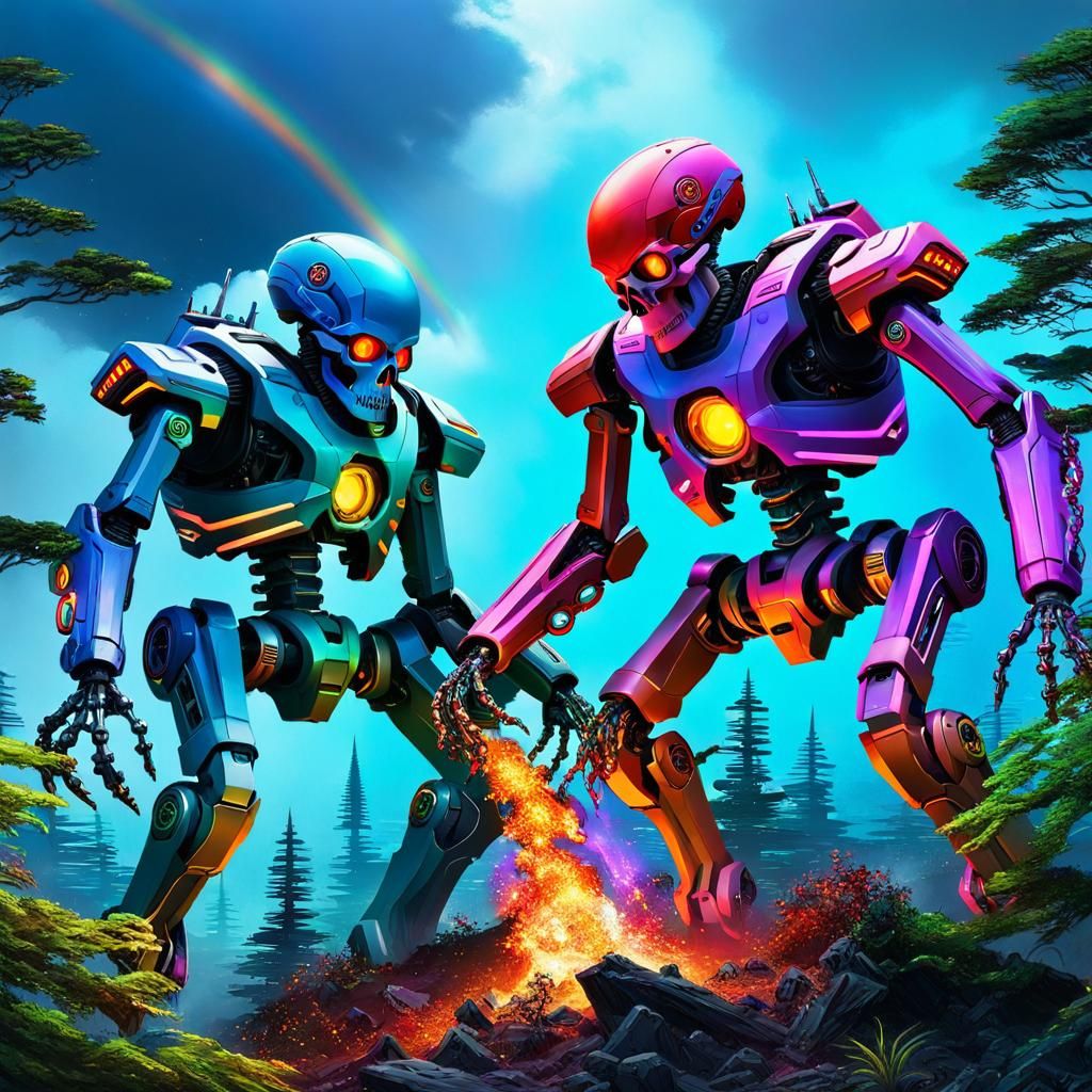 Cyberpunk Mecha Battle Under Neon Skies