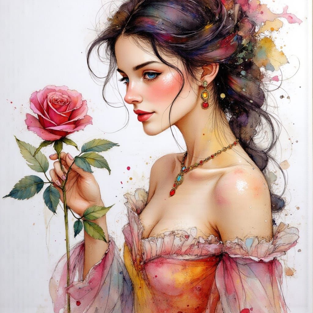 Belle with Rose: Pen and Ink Masterpiece