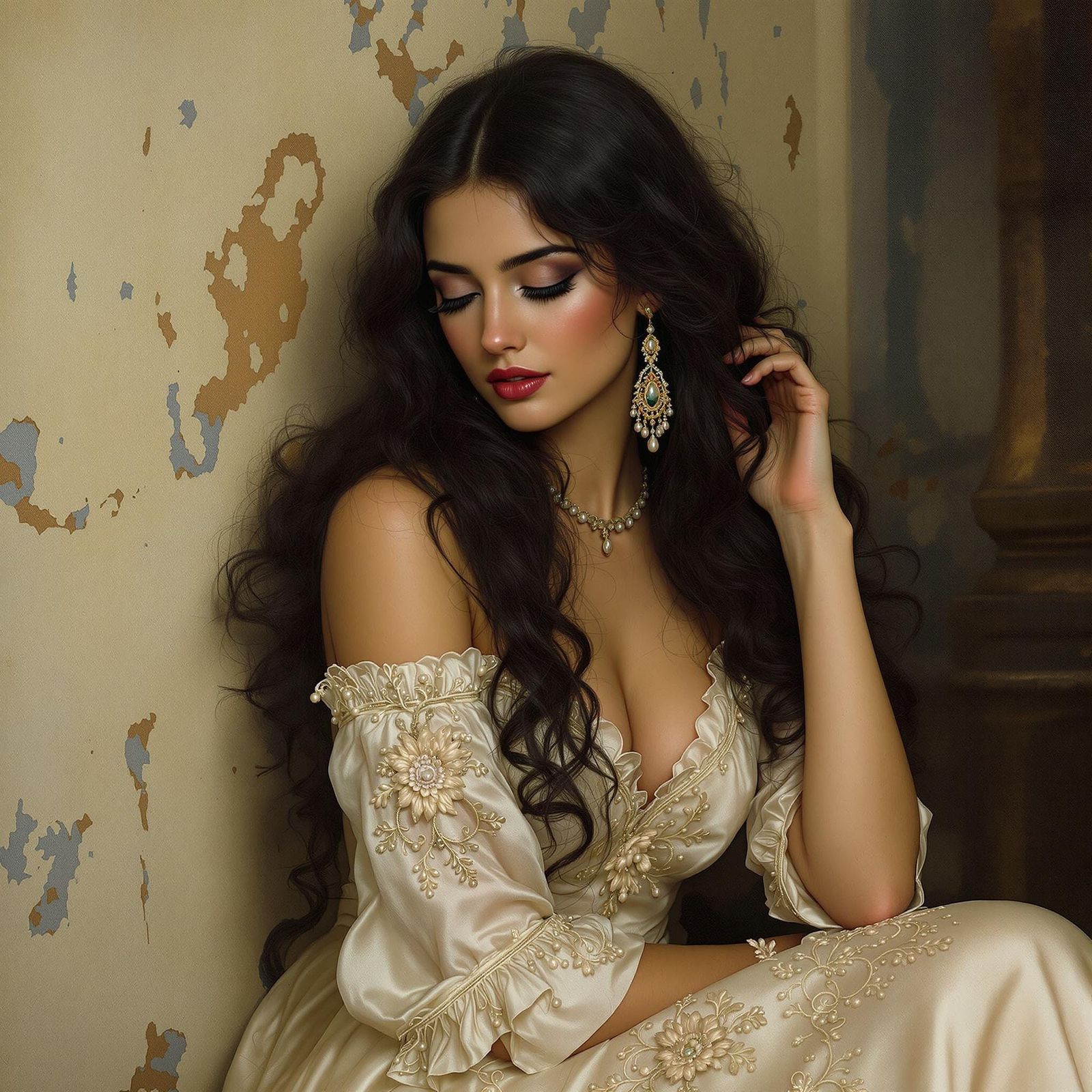 Woman in Silk Dress with Floral Embroidery