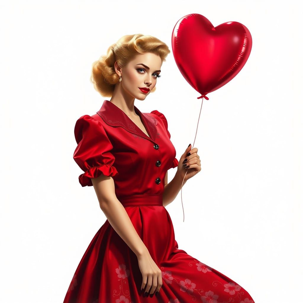 Glamorous 1940s Woman in Red and Pink Floral Blouse