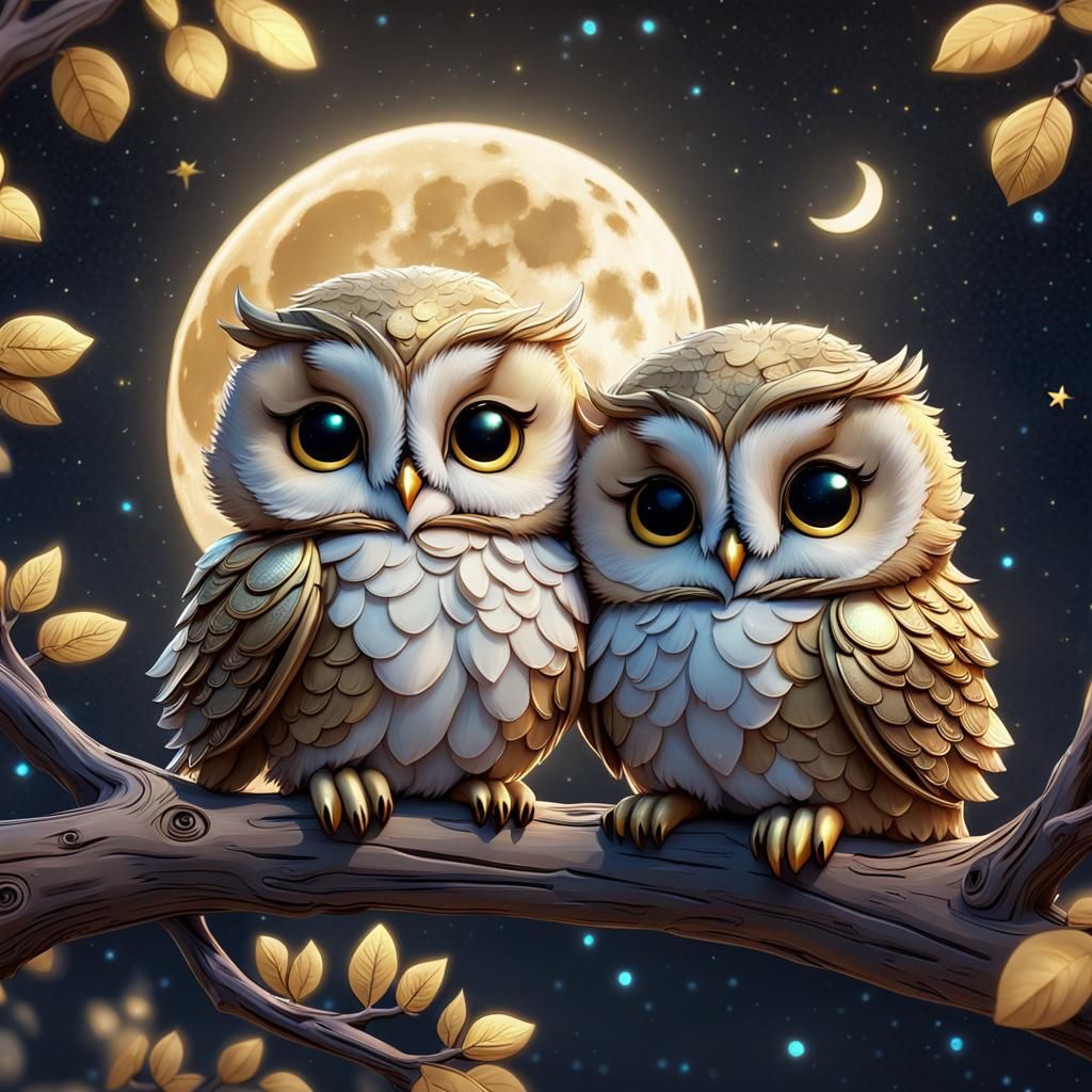Adorable Chibi Owls Sleeping Under Moonlight
