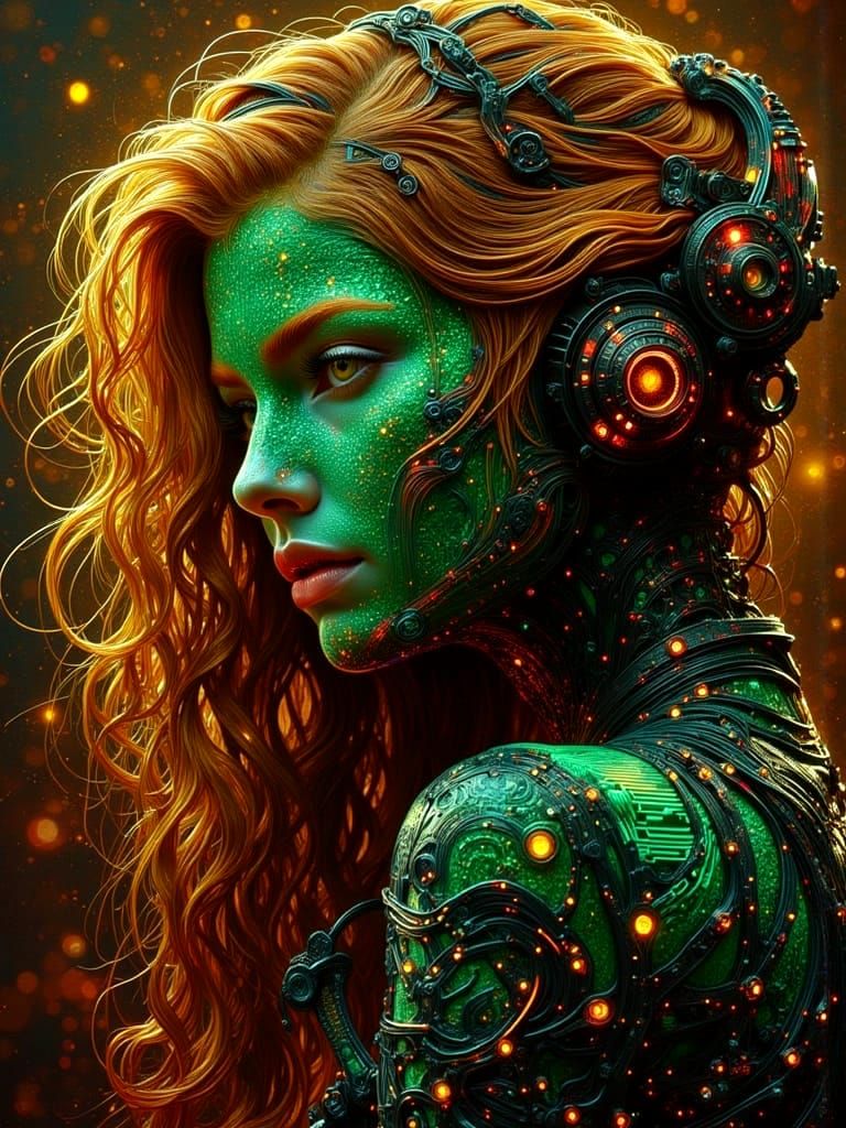 Cyberpunk Techno-Royal Woman Portrait in Oil Paint