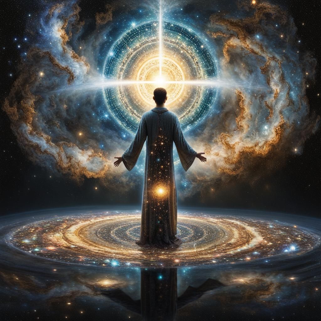 Cosmic God Overlooks Summoning Light: Klimt-Inspired Art