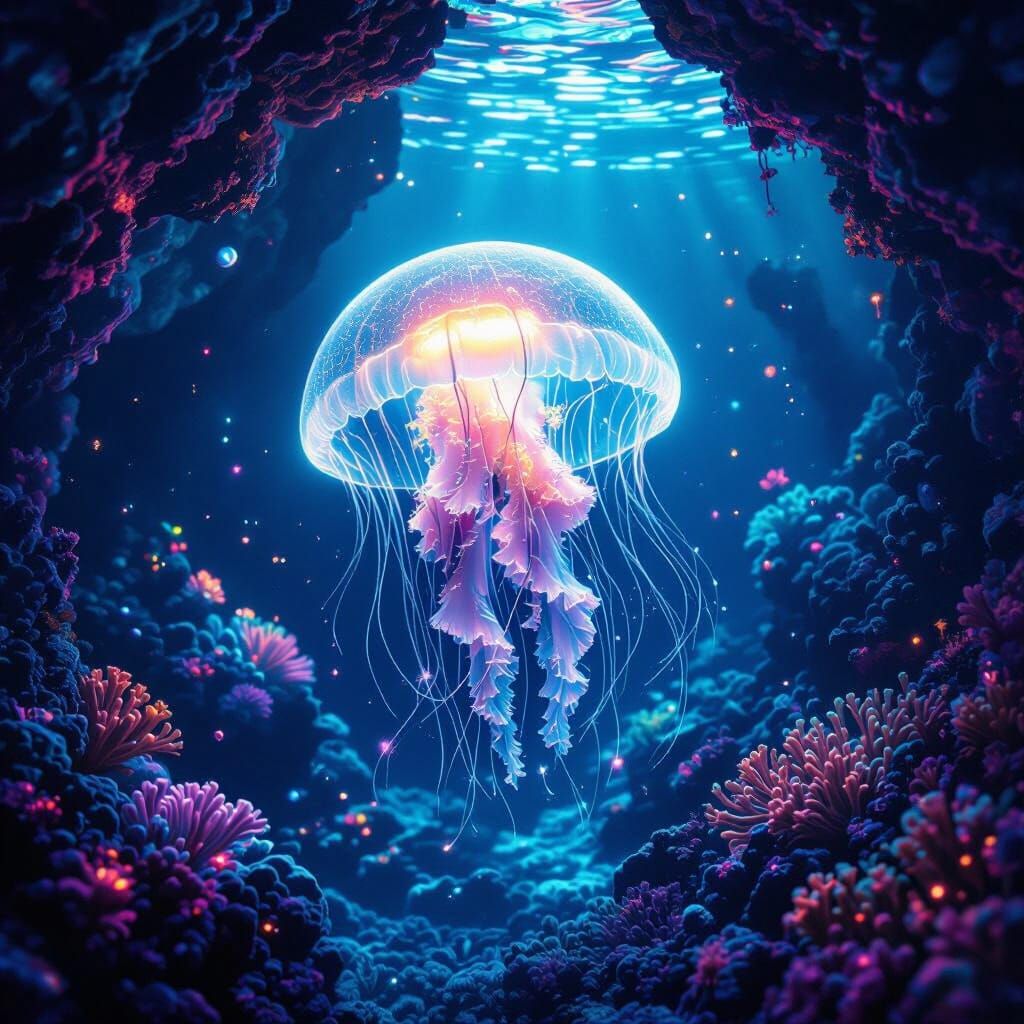 Bioluminescent Jellyfish in Neon Underwater Cave
