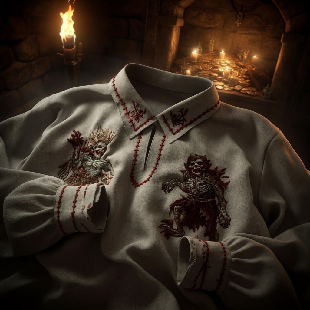 Medieval Shirt with Ghoul Embroidery in Fantasy Artwork