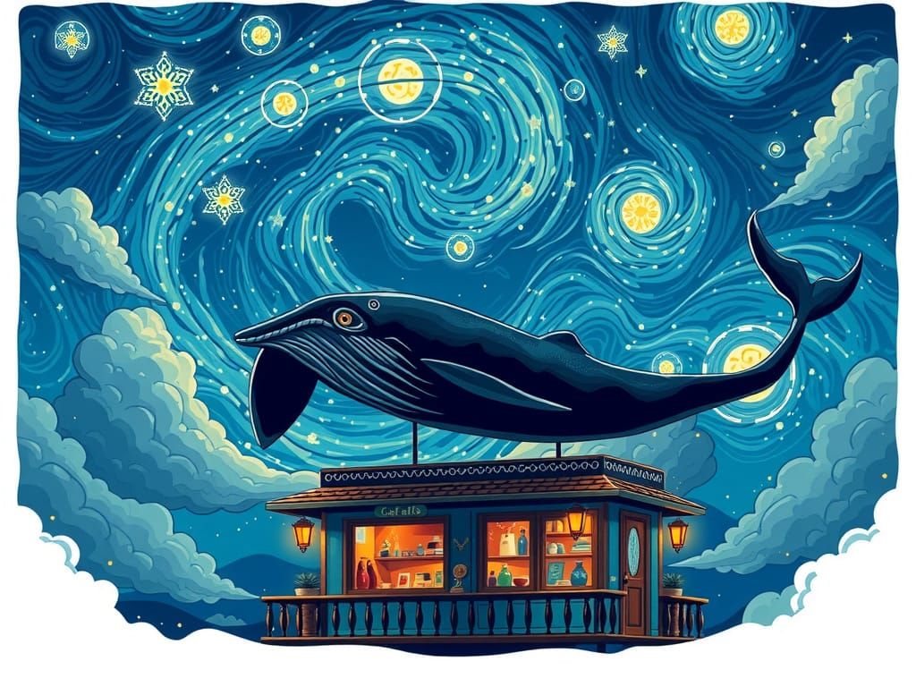 Whale in Sky Sticker Design in Tattoo Style