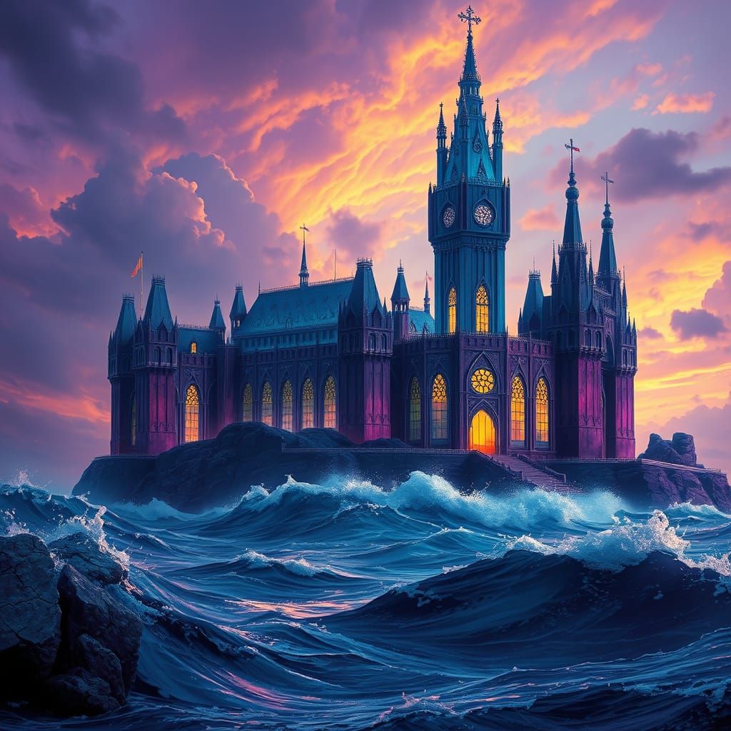 Dark Fantasy Glass Castle Rises from Turbulent Sea