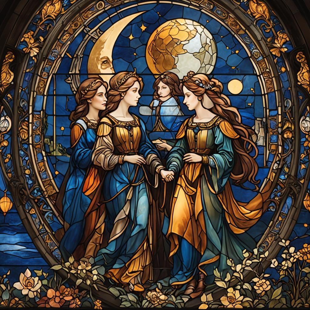 Stained Glass Window: Three Princesses Under the Moon