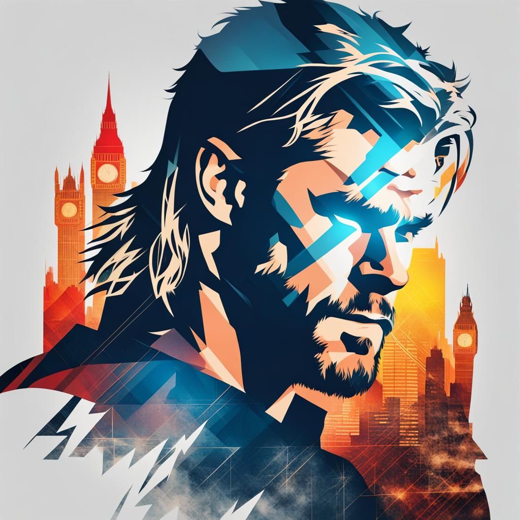 Thor Double Exposure Over London in Abstract Style