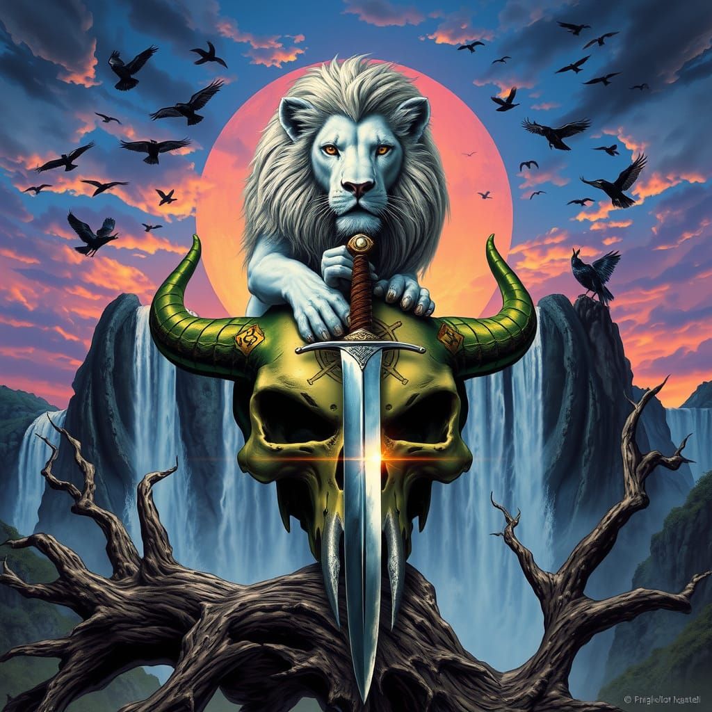 Majestic White Lion Dominates Ancient Battle Scarred Skull i...