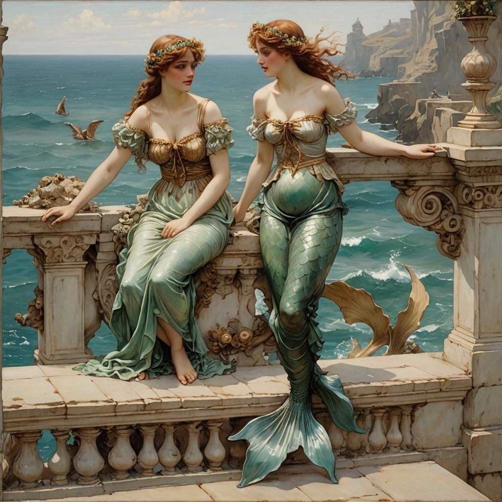 Mermaid Greeting on Balustrade, Classical Style
