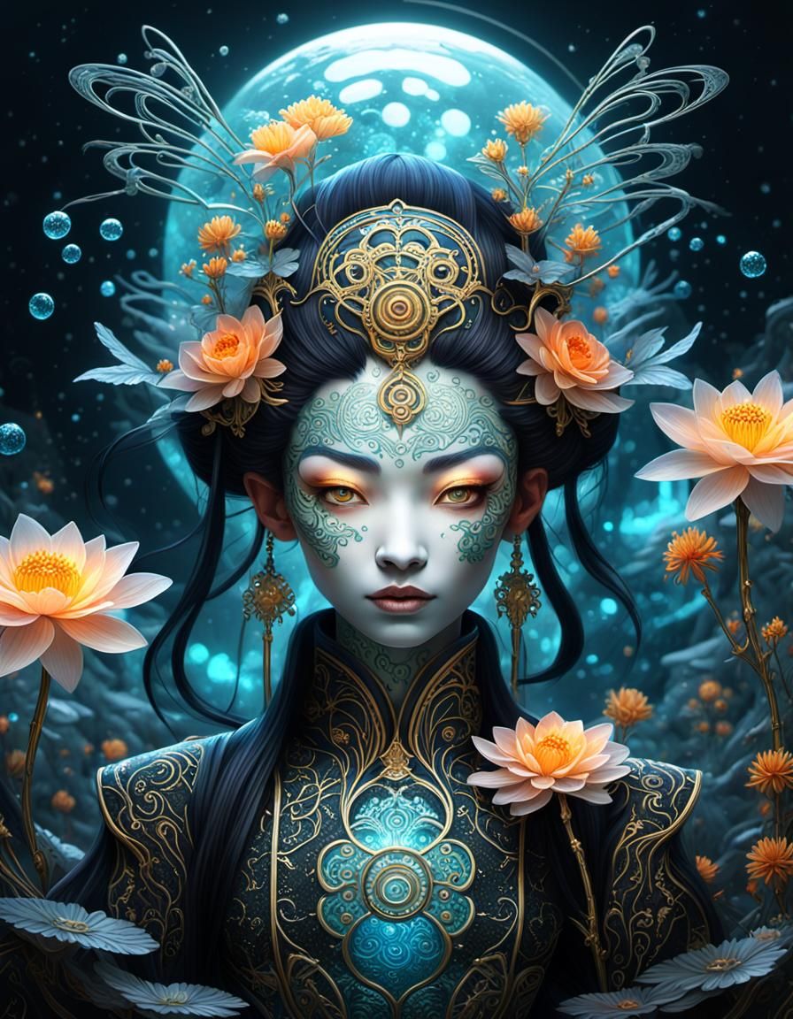 Cyberpunk Geisha in Bioluminescent Swamp: Digital Art