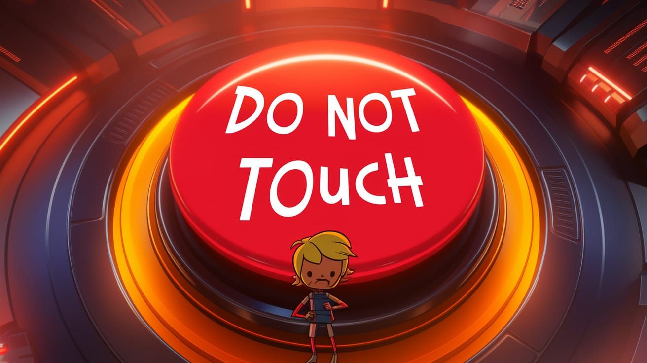 Glowing Red Button in Futuristic Control Room: Cartoon Chara...