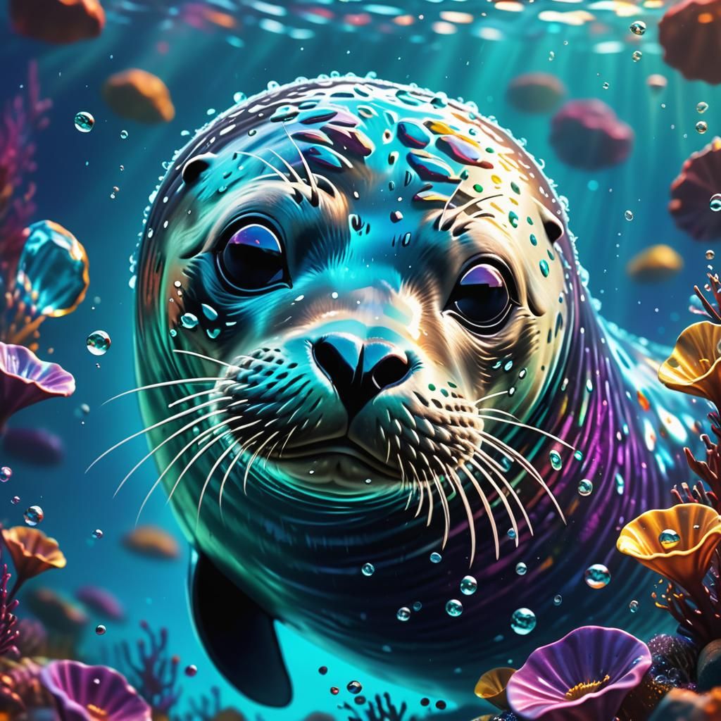 Vibrant Seal in Cinematic Underwater Scene with Iridescent S...