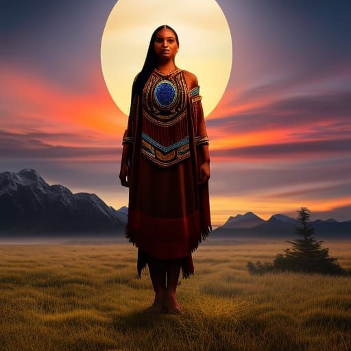 Native American Woman with Eagle in Sunset