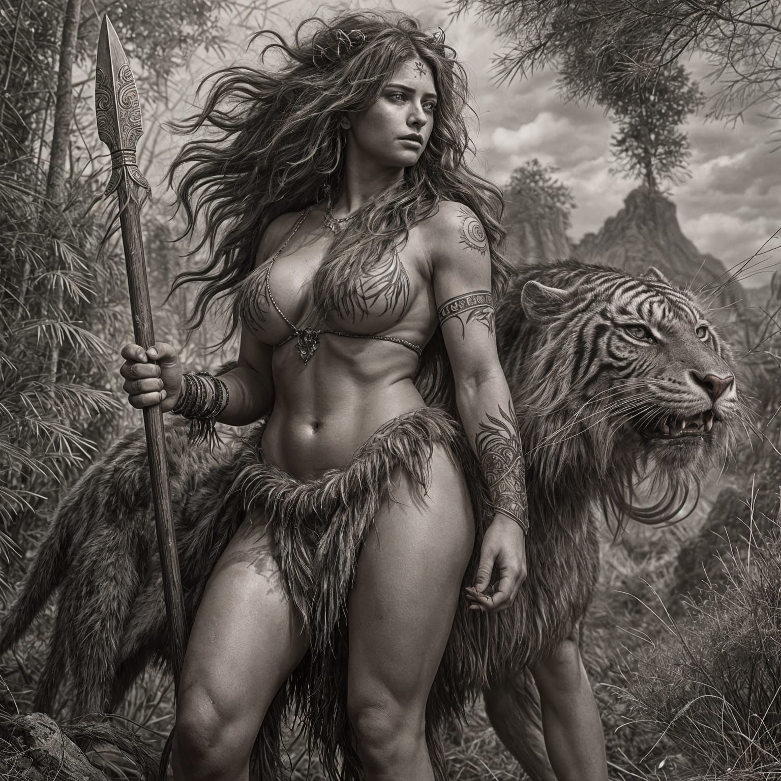 Cavewoman and Sabertooth Tiger in Wilderness