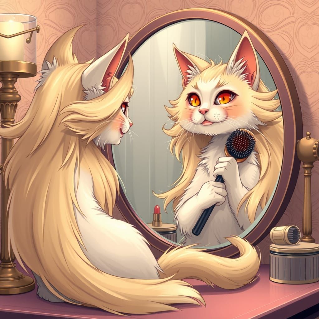 Anthromorphic Cat Admires Her Hair in the Mirror