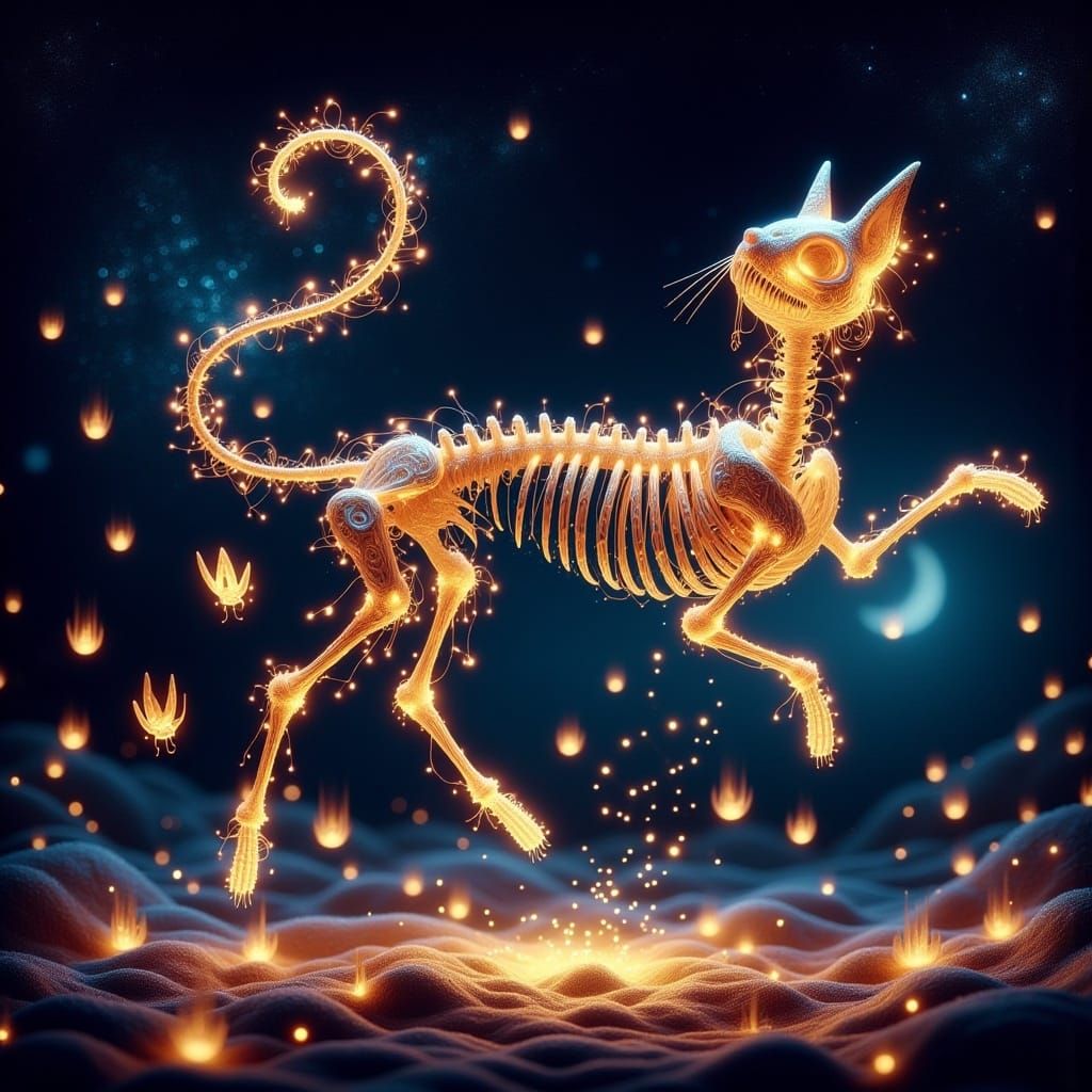 Dancing Cat Skeletons in a Dreamlike Fantasy