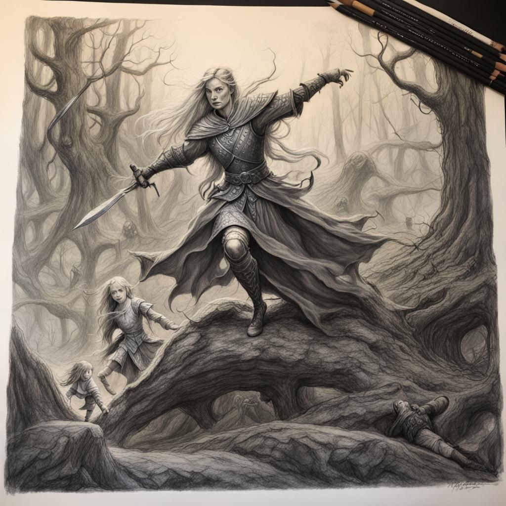 Fairy Princess Fighting Elf in Charcoal Drawing