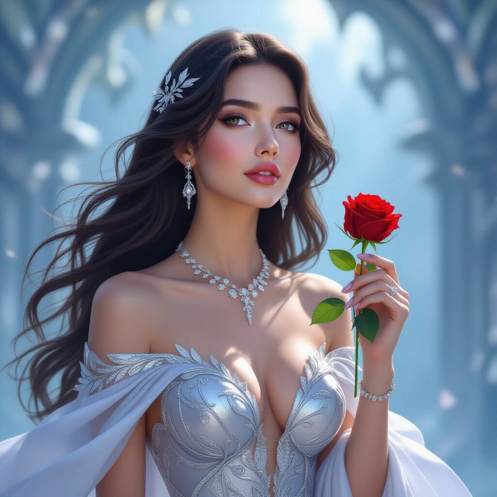 Fantasy Woman with Rose in Anime Style