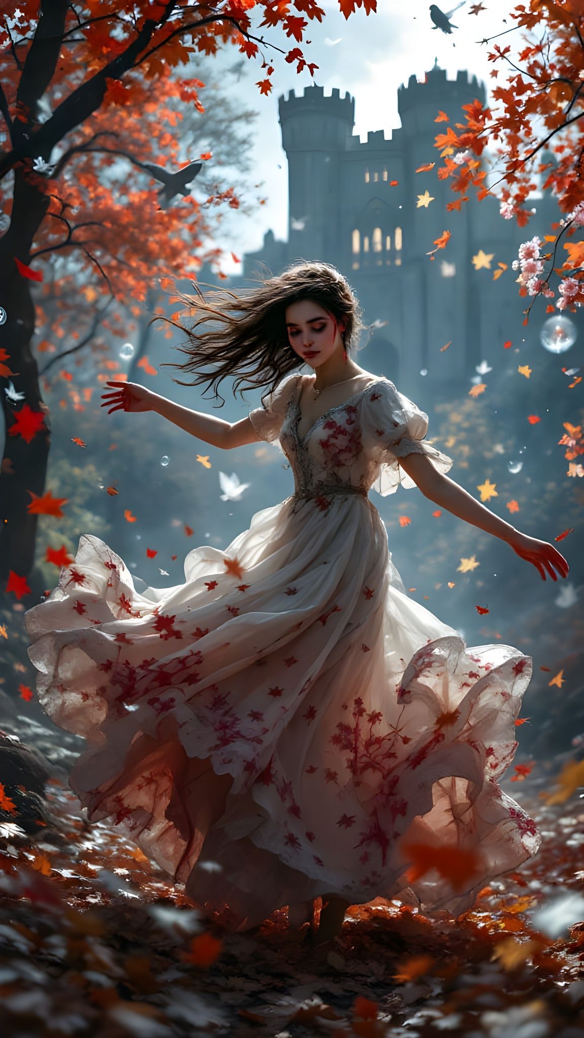 Autumn Girl Dancing in Forest with Castle