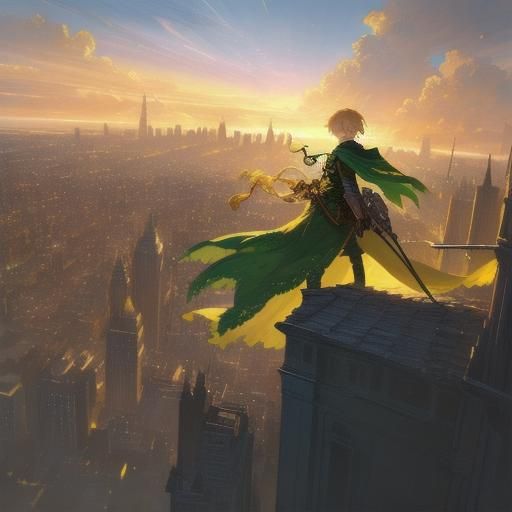 Superhero in Gold Robe Overlooking City at Golden Hour
