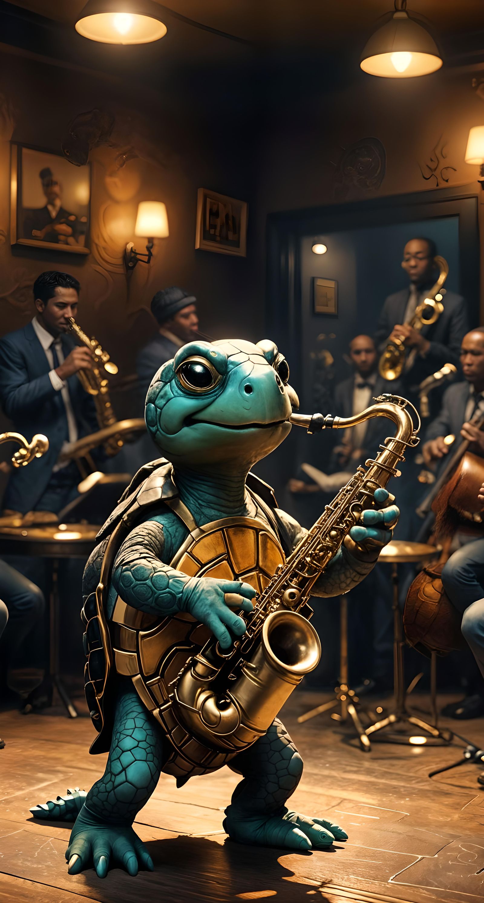 Turtle Saxophonist in Midnight Jazz Club, Anime Art