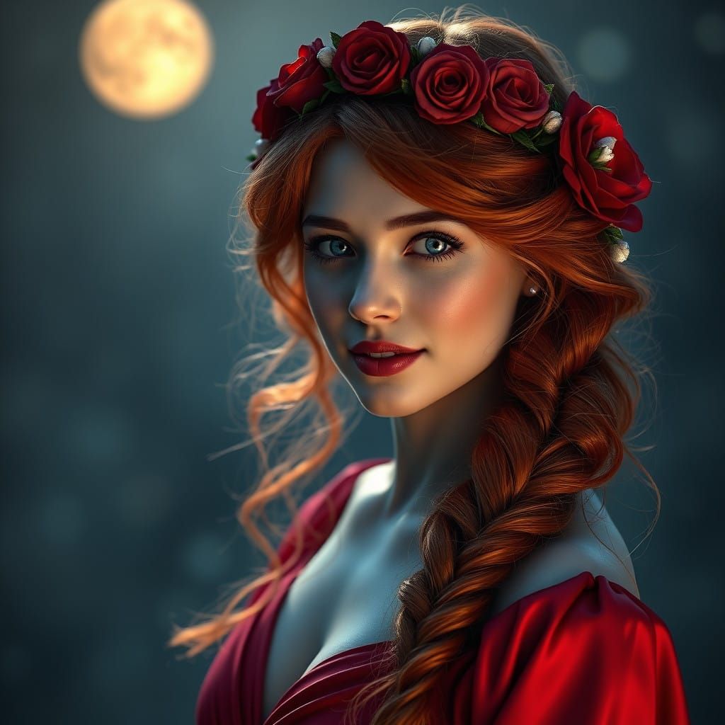 Ethereal Red-Haired Woman in Constellation-Inspired Rose Cro...