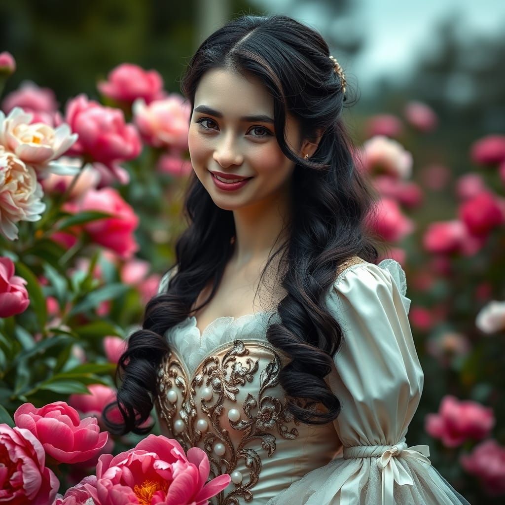 Rococo Gown Woman in Peony Garden