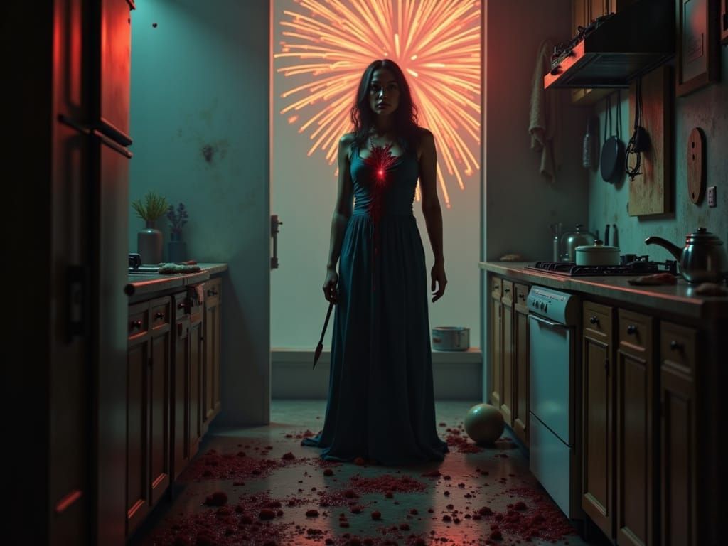 Hyperrealistic Horror Scene: Woman with Knife