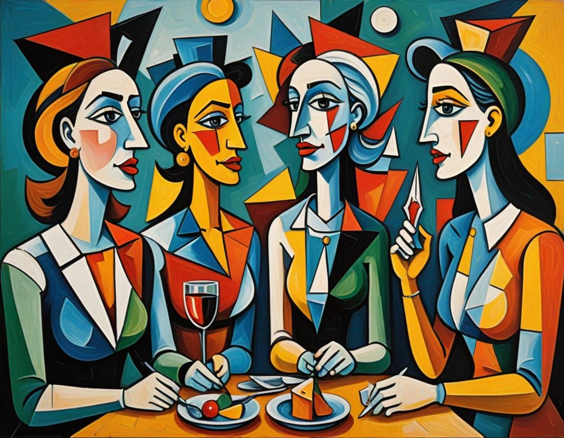 Angular Figures Confronting a Laughing Waitress in Abstract ...