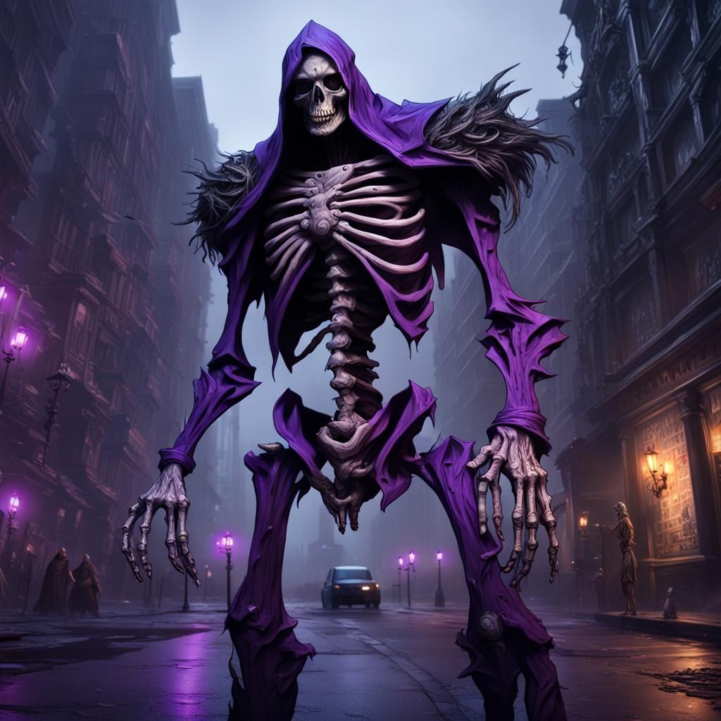 Giant Lich Skeleton in Dark Fantasy Cityscape