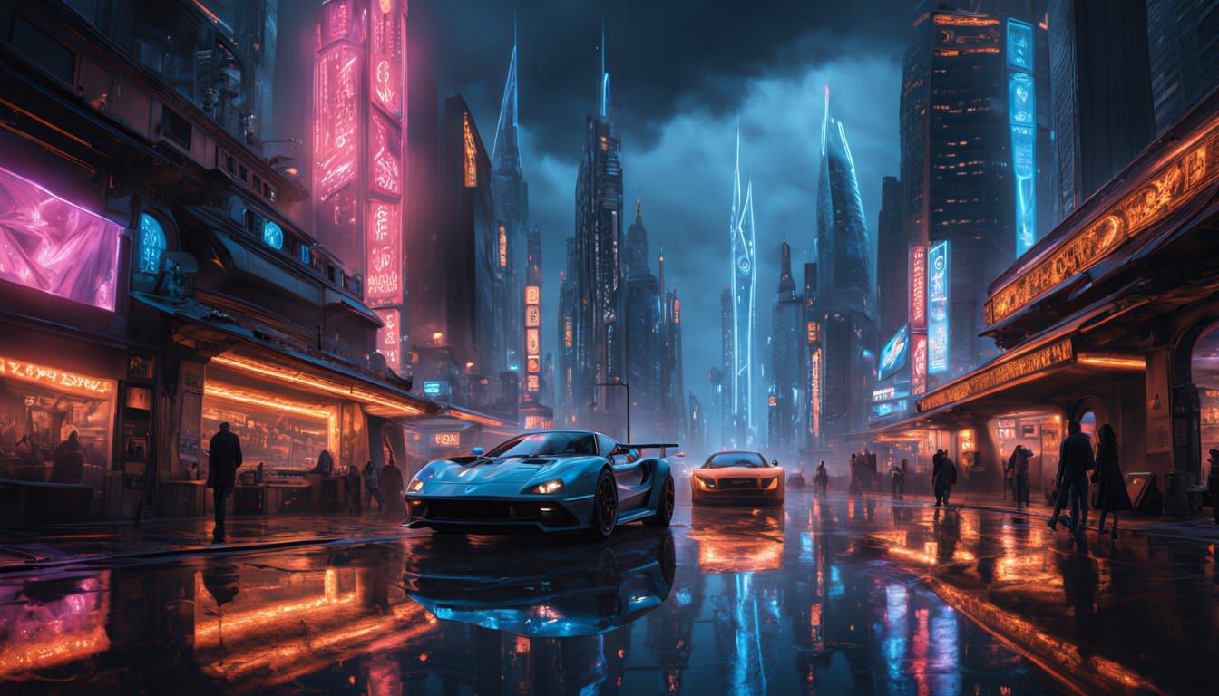 Surreal Futuristic Cityscape with Neon Lights and Intricate ...